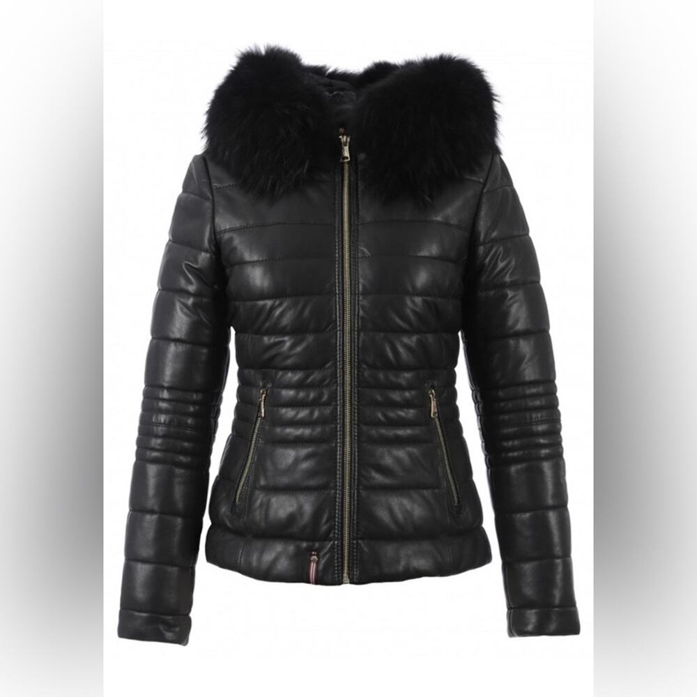 OAKWOOD-Black Jelly Leather Jacket-Sz M - lambskin/racoon fur